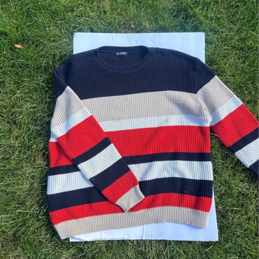 Colorblock Striped Knit Sweater | Unisex Size L | Red Navy Beige Black